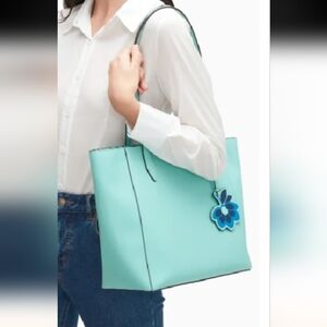 kate spade mint green leather tote with floral charm